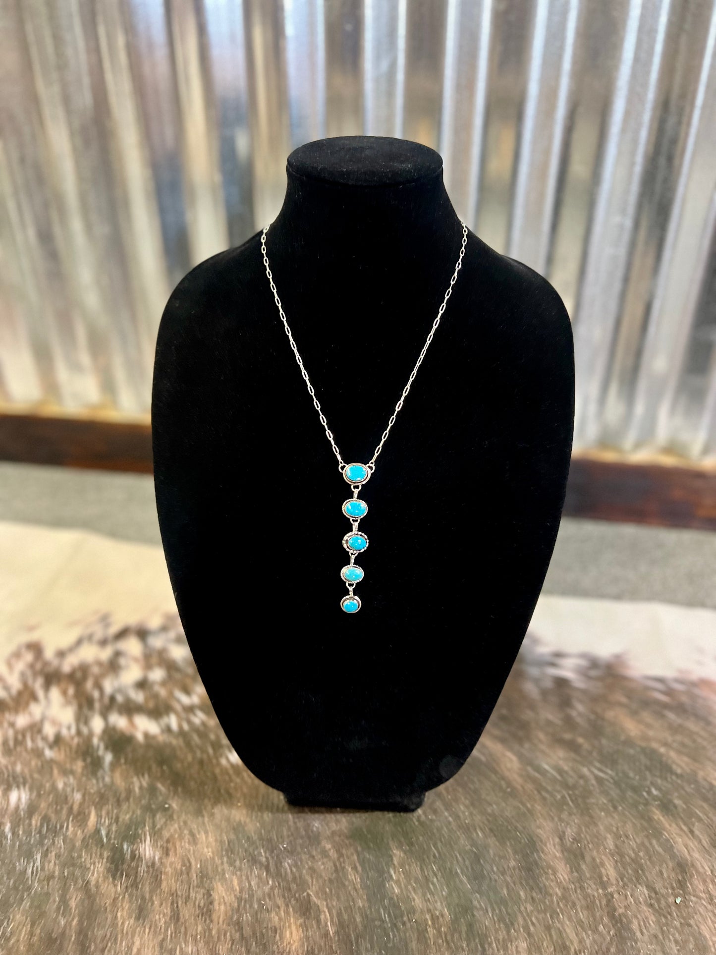 5 Stone Kingman Turquoise Sterling Silver Lariat Necklace