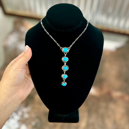 5 Stone Kingman Turquoise Sterling Silver Lariat Necklace