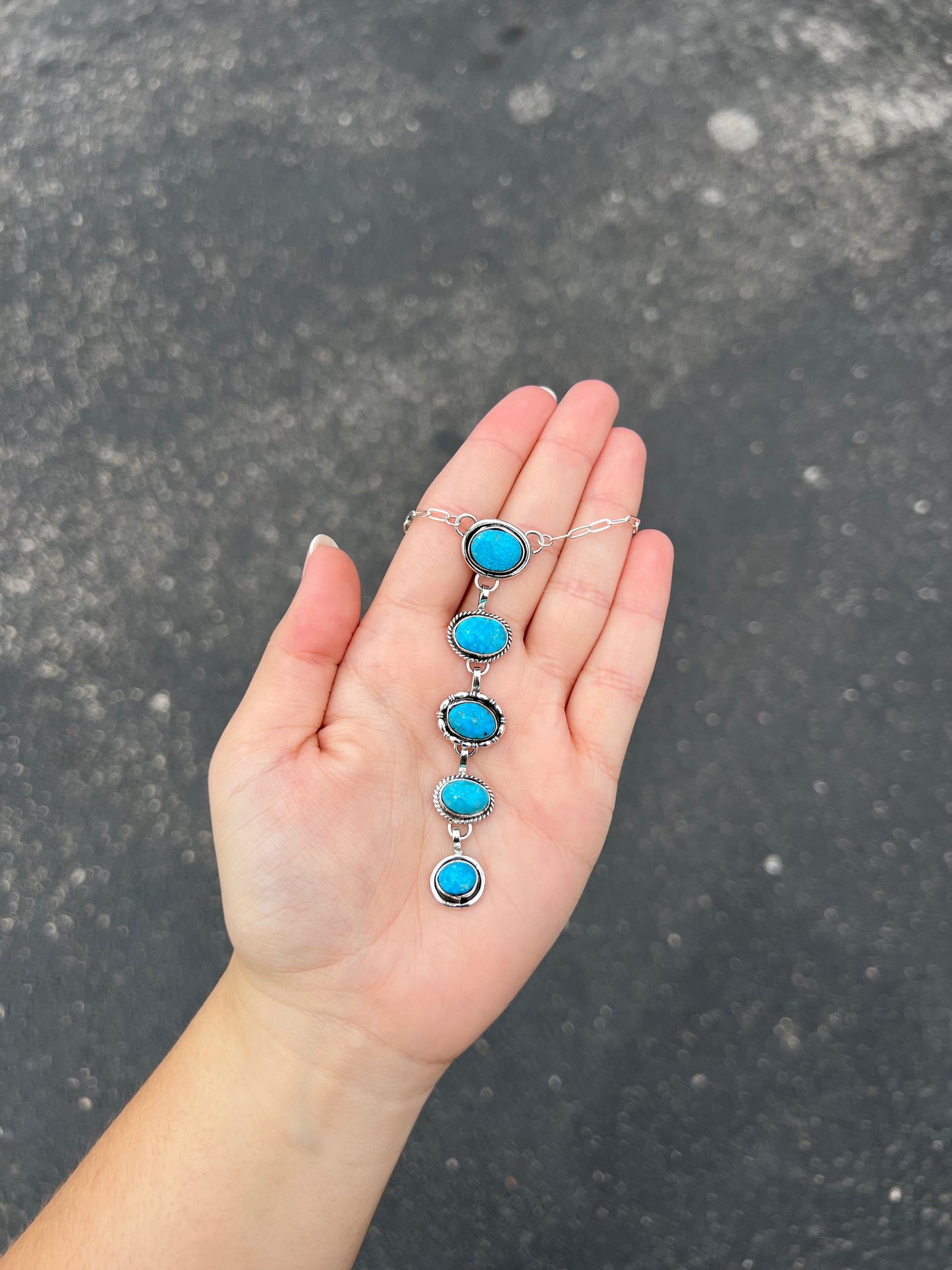 5 Stone Kingman Turquoise Sterling Silver Lariat Necklace