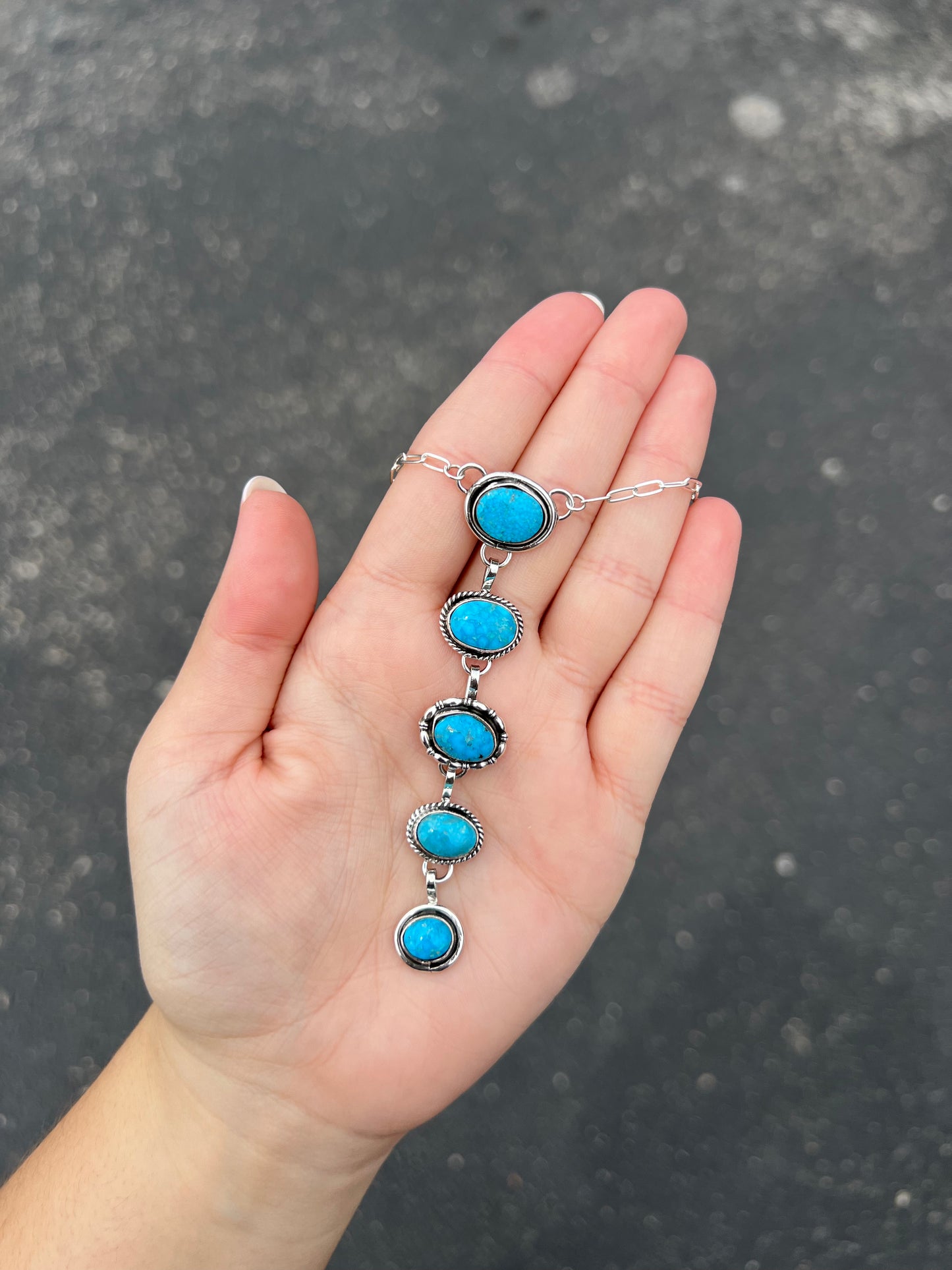 5 Stone Kingman Turquoise Sterling Silver Lariat Necklace