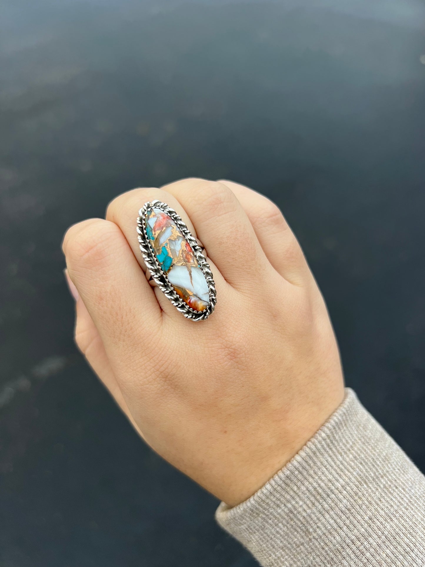 Genuine Turquoise and Spiny Oyster Oval Statement Ring