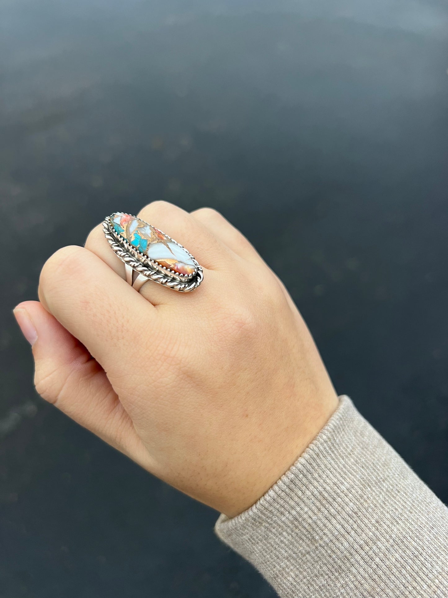 Genuine Turquoise and Spiny Oyster Oval Statement Ring