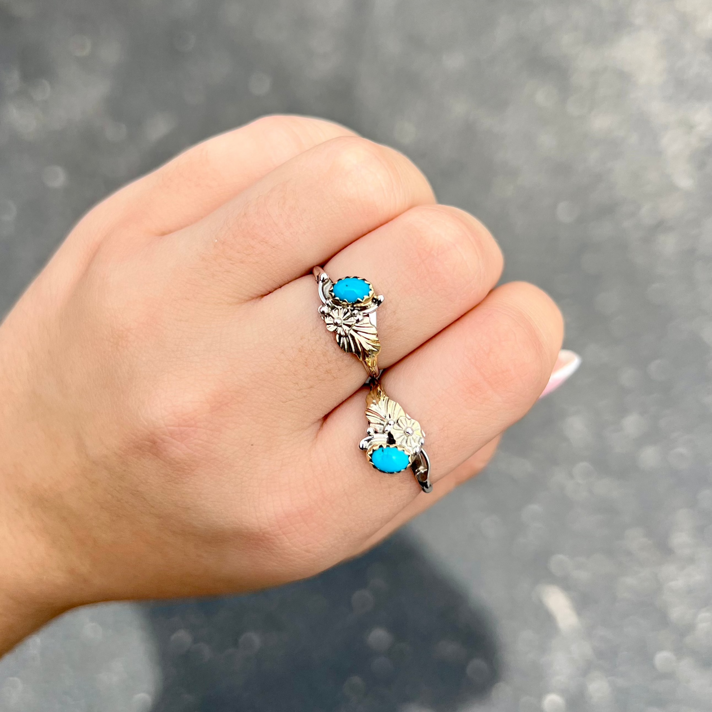 Genuine Turquoise Brass Leaf and Sterling Silver Ring