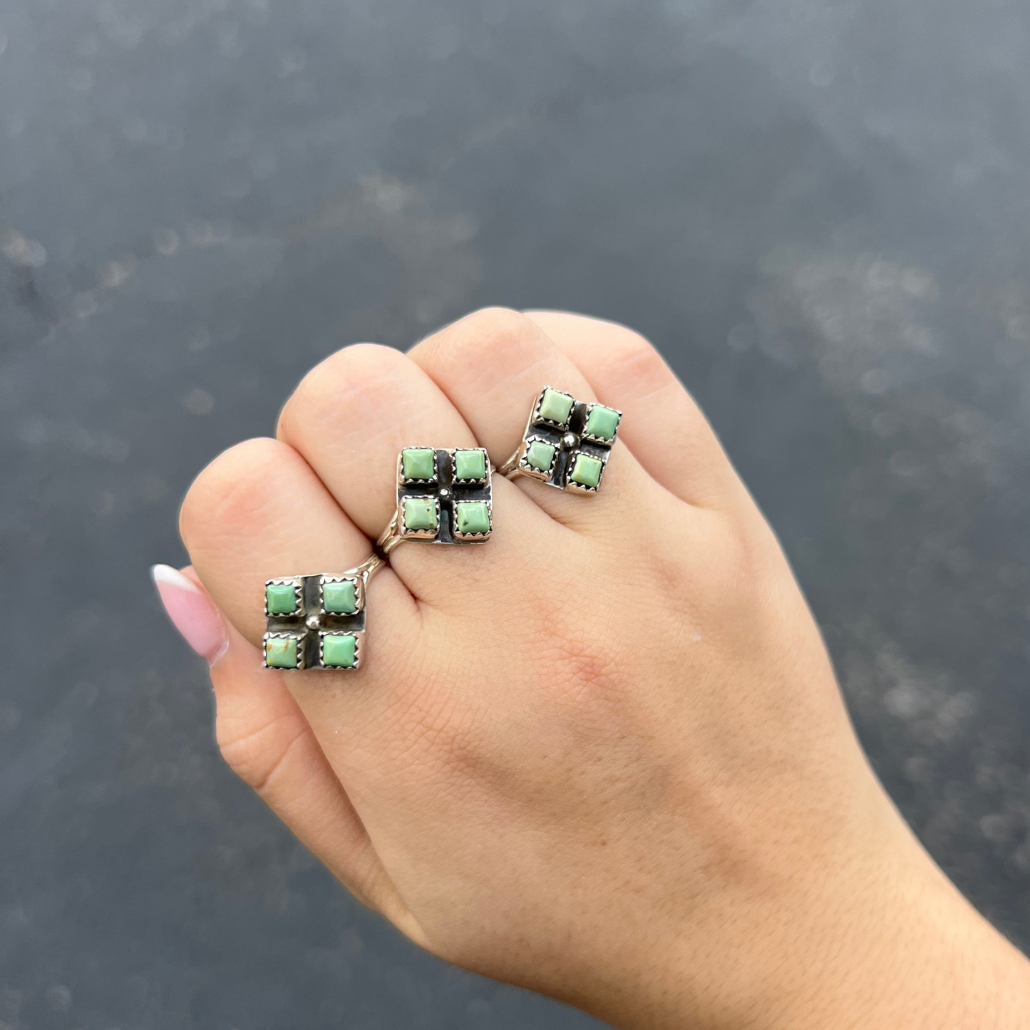Genuine Green Kingman Turquoise 4 Stone Diamond Sterling Silver Ring