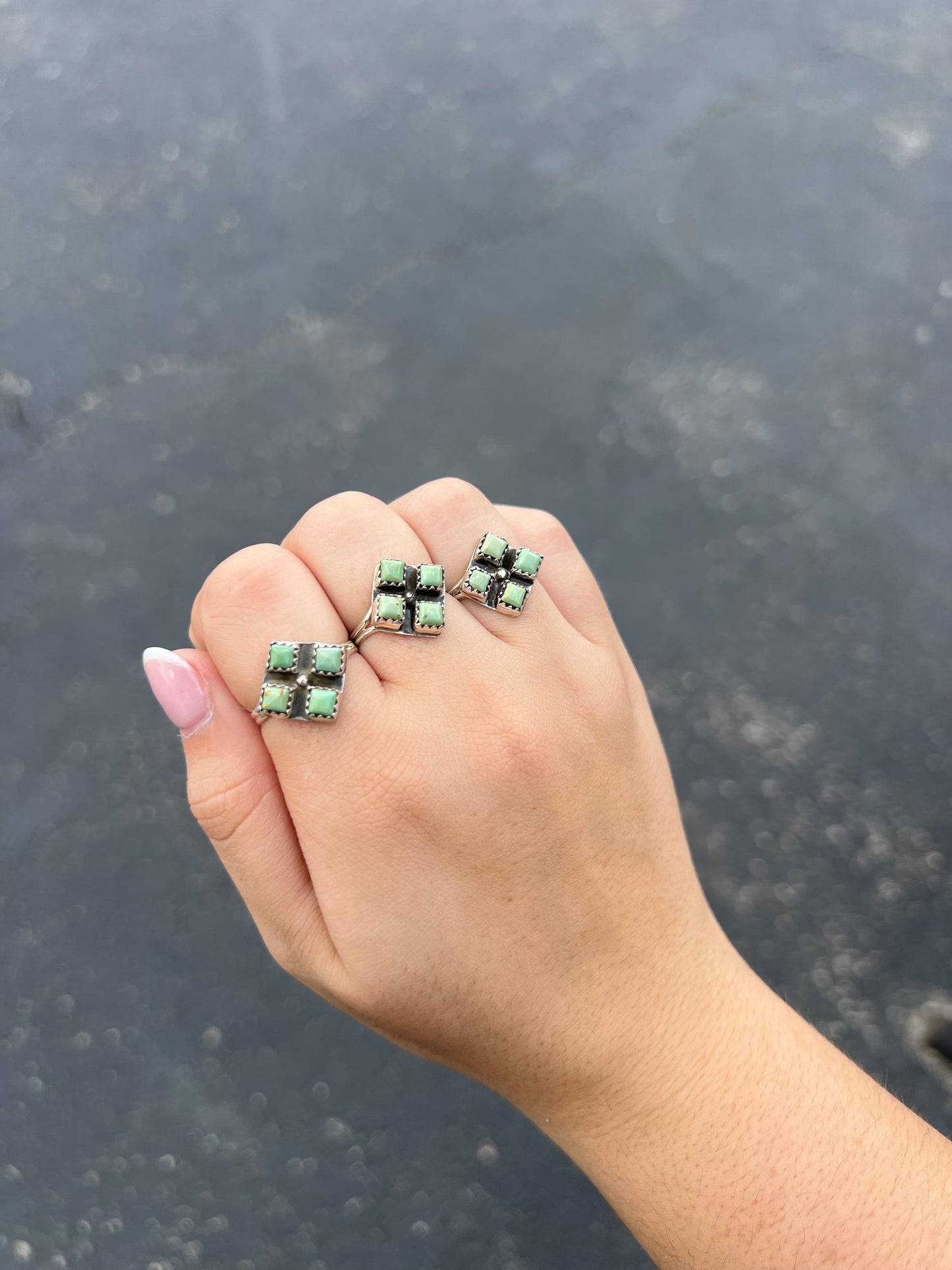 Genuine Green Kingman Turquoise 4 Stone Diamond Sterling Silver Ring