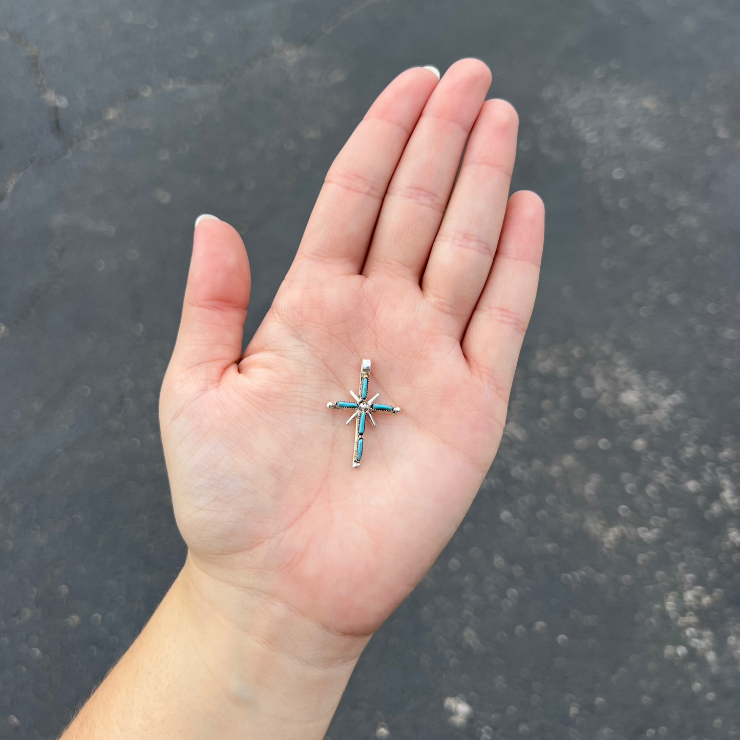 Genuine Turquoise Sterling Silver Cross Pendant with Sunburst Rays