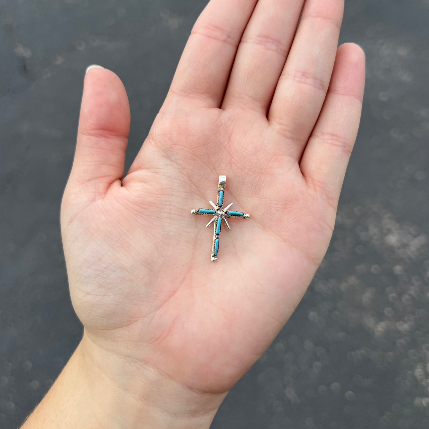 Genuine Turquoise Sterling Silver Cross Pendant with Sunburst Rays