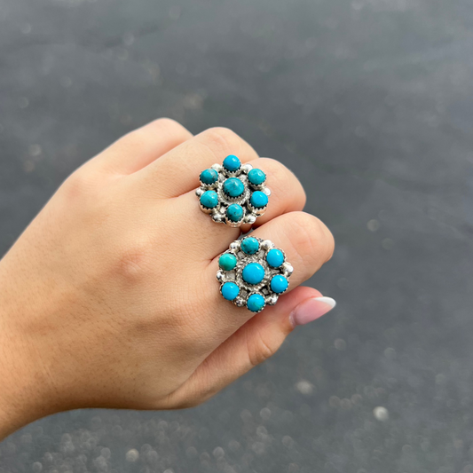 7 Stone Genuine Turquoise Cluster Sterling Silver Ring