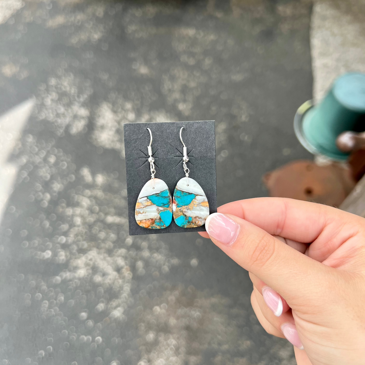 Genuine Turquoise, Spiny Oyster, White Slab Earrings