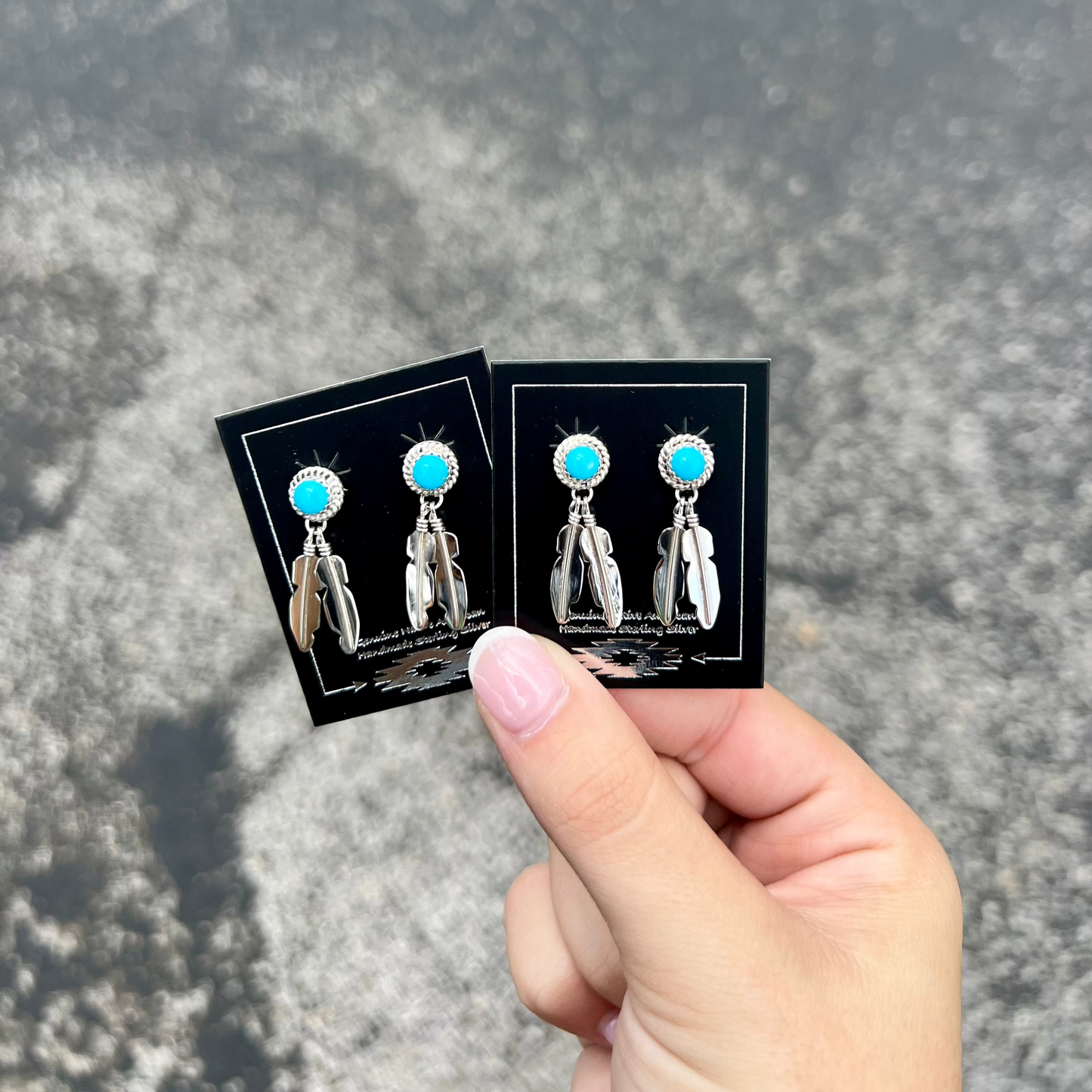 Genuine Kingman Turquoise Round Stud with Sterling Silver Feather Dangle Earrings