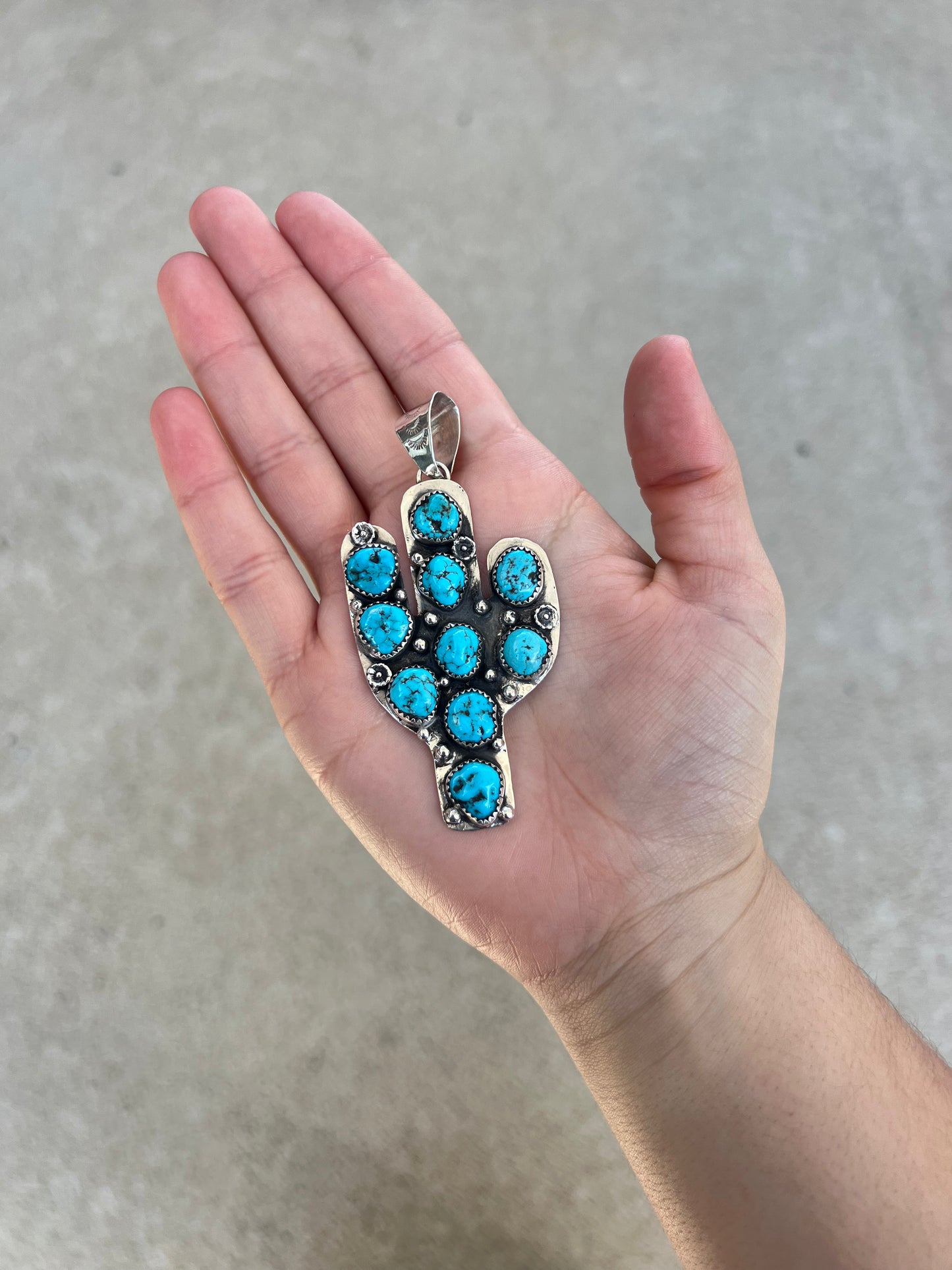 10 Stone Kingman Turquoise Cactus Sterling Silver Pendant