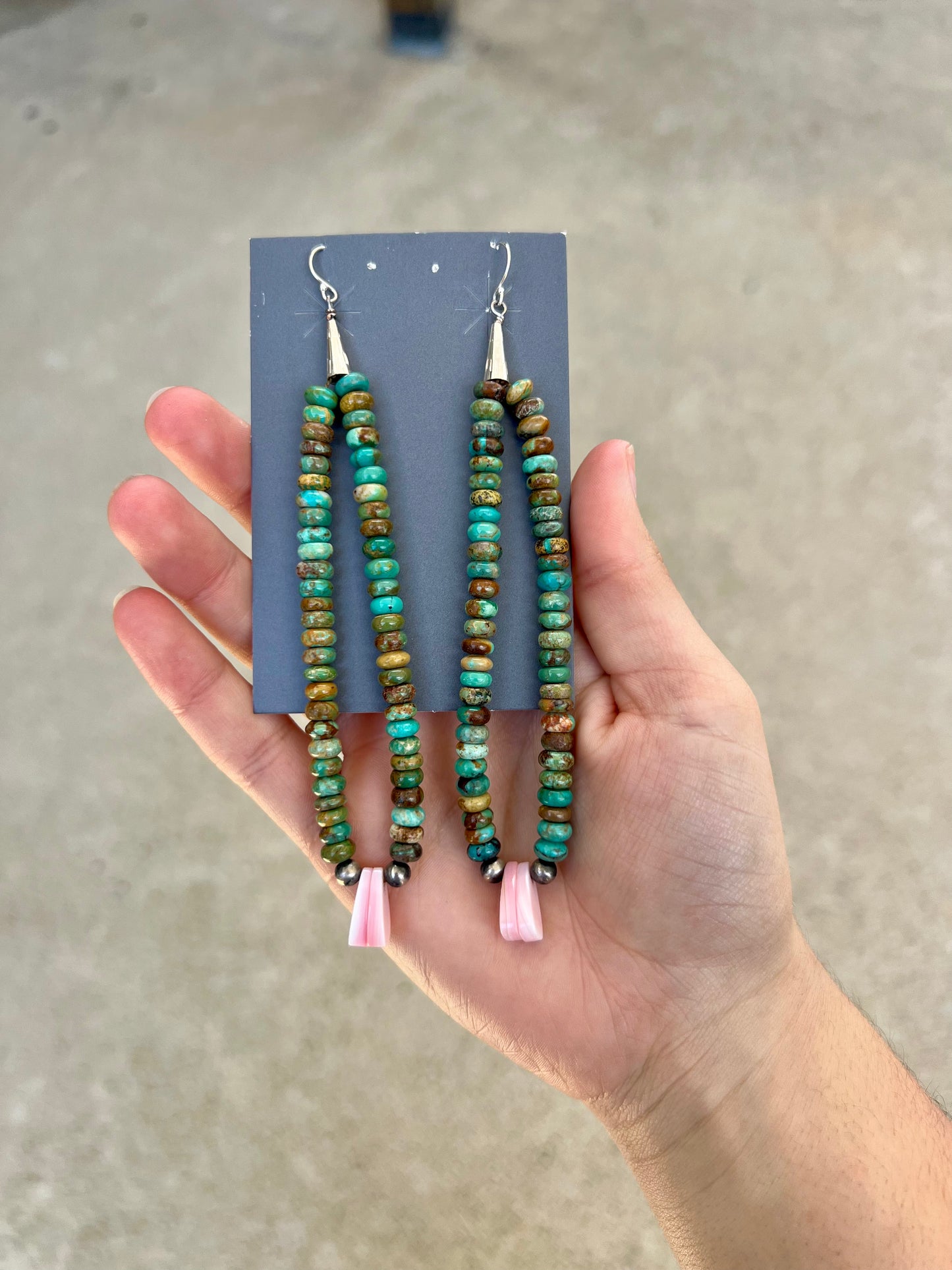 Genuine Turquoise Rondelles, Navajo Pearl, and Pink Conch Earrings