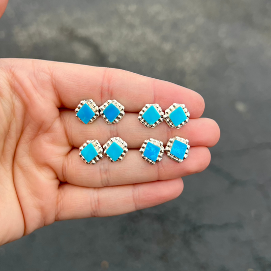Genuine Turquoise Diamond Beaded Sterling Silver Studs