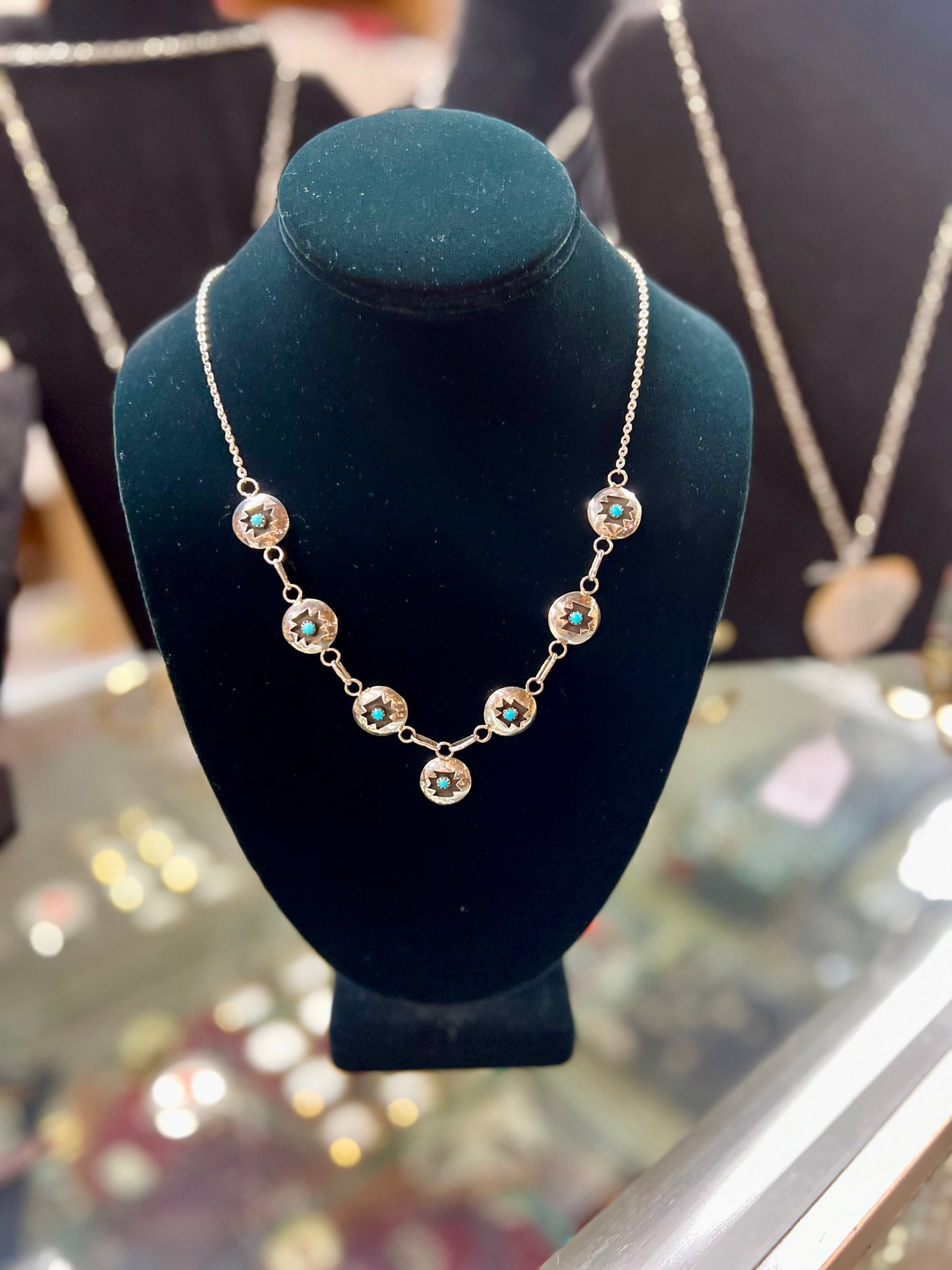 Genuine Turquoise and Sterling Silver Round Aztec Shadowbox Necklace