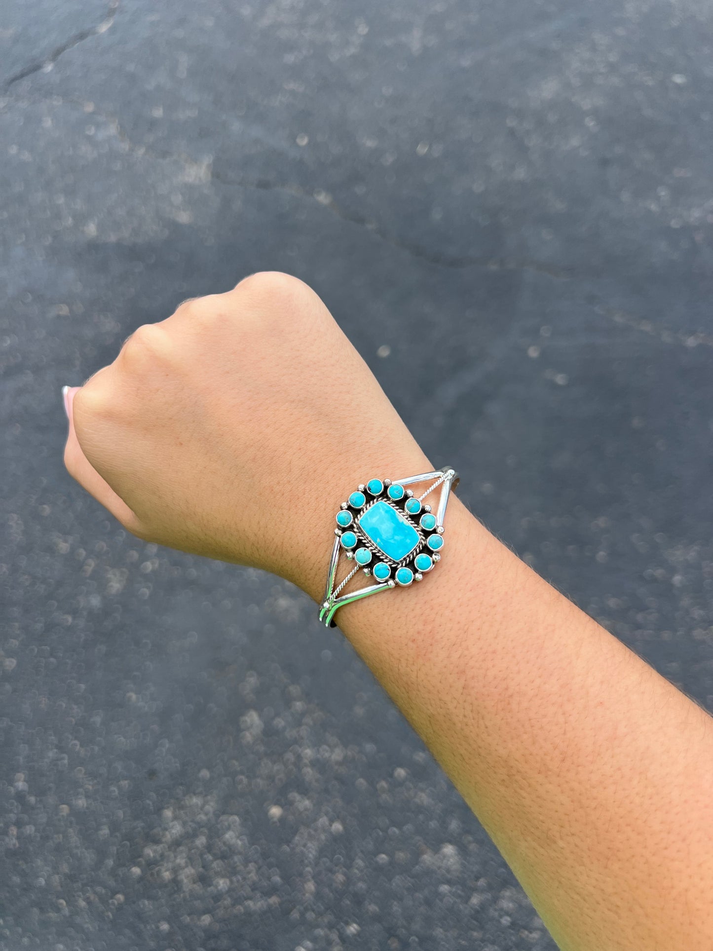 Genuine Turquoise Sterling Silver Square Cluster Cuff Bracelet