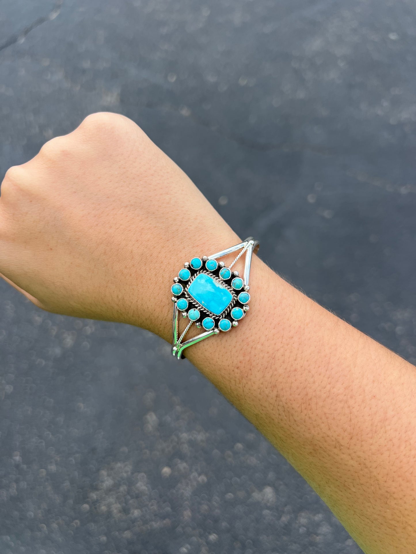 Genuine Turquoise Sterling Silver Square Cluster Cuff Bracelet