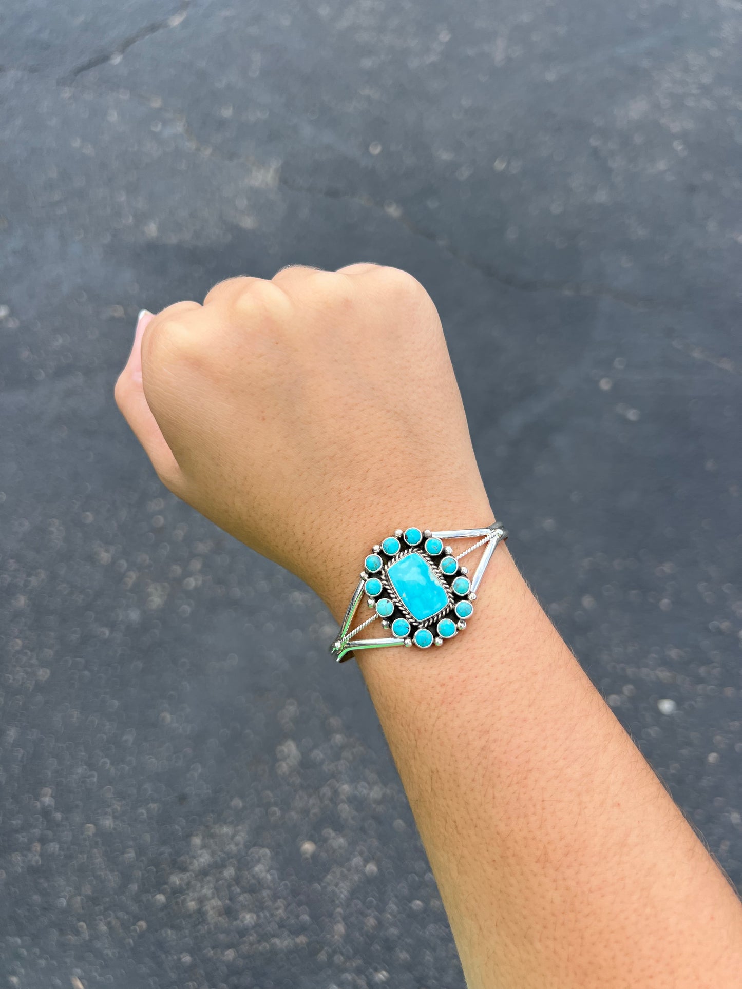 Genuine Turquoise Sterling Silver Square Cluster Cuff Bracelet
