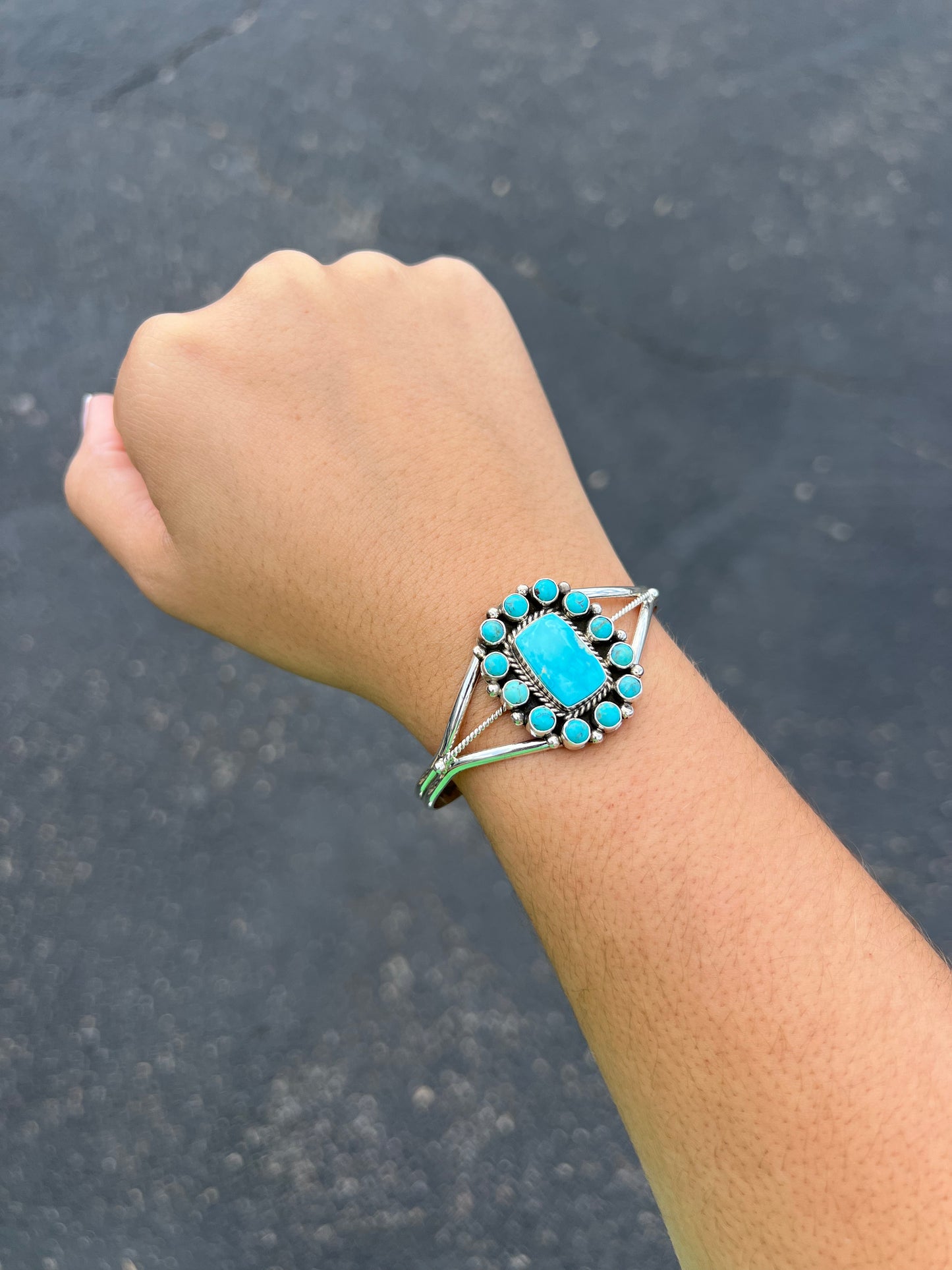 Genuine Turquoise Sterling Silver Square Cluster Cuff Bracelet