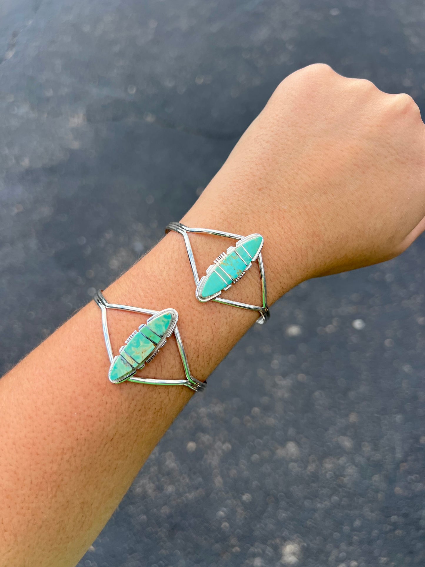 Genuine Green Kingman Turquoise Inlay Marquise Sterling Silver Cuff Bracelet
