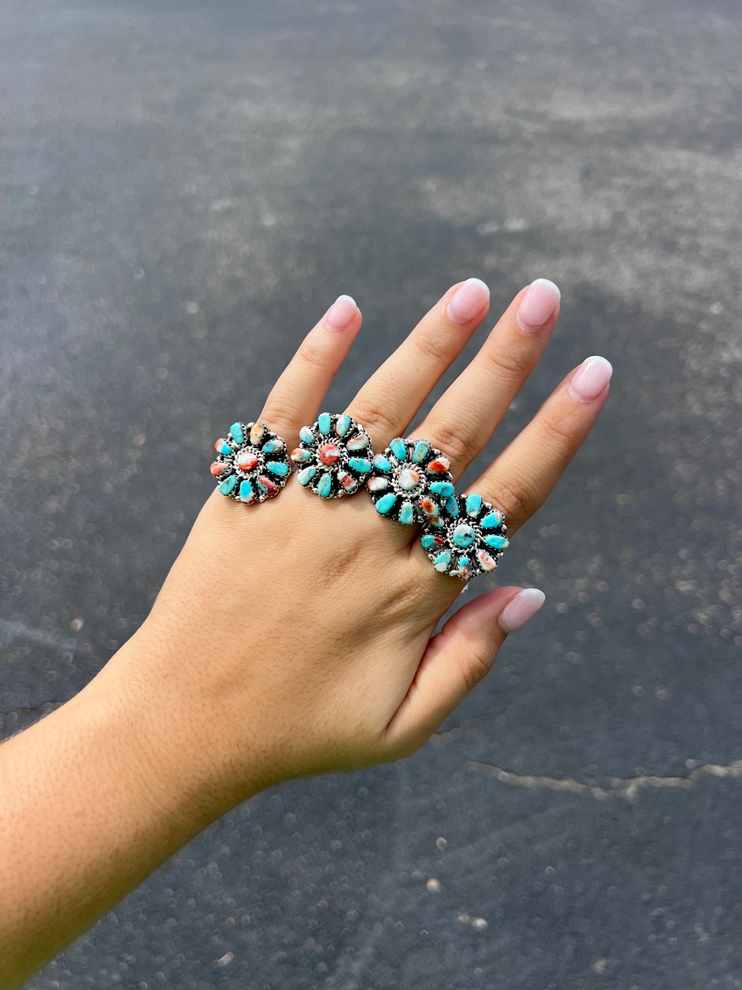 Genuine Turquoise / Red Spiny Oyster Cluster Sterling Silver Ring
