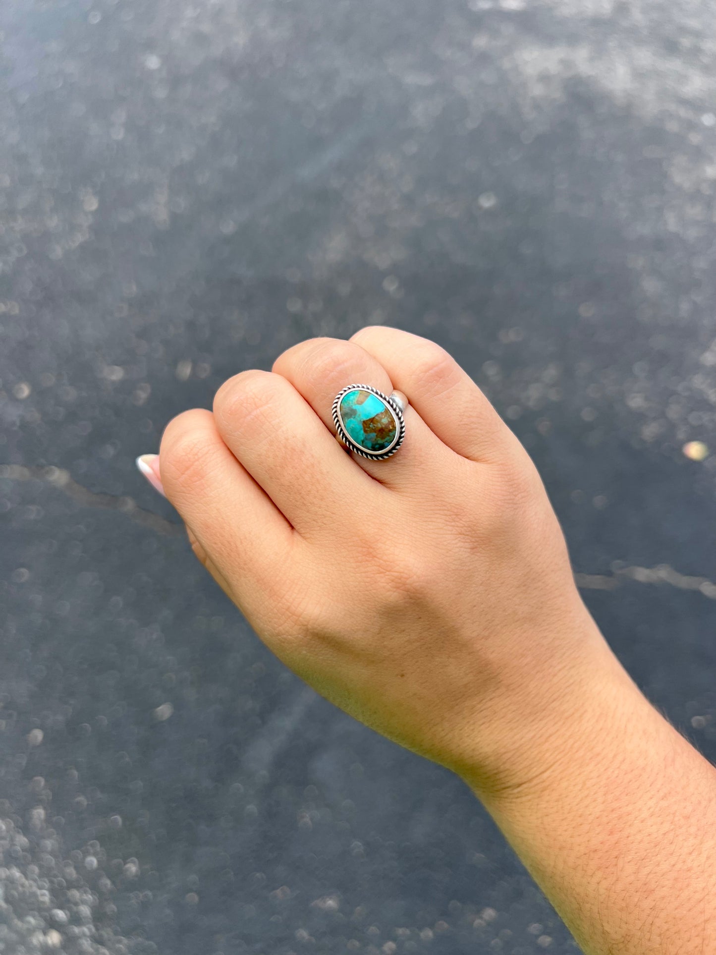 Oval Genuine Royston Turquoise Sterling Silver Adjustable Ring