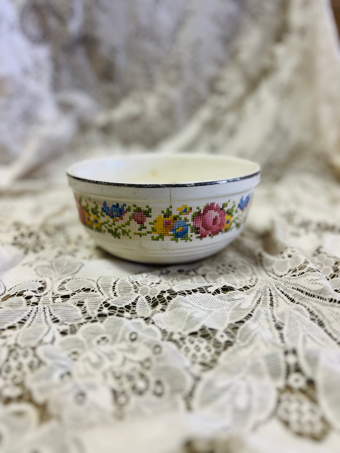 Vintage Very Old Harker Petit Point Bowl