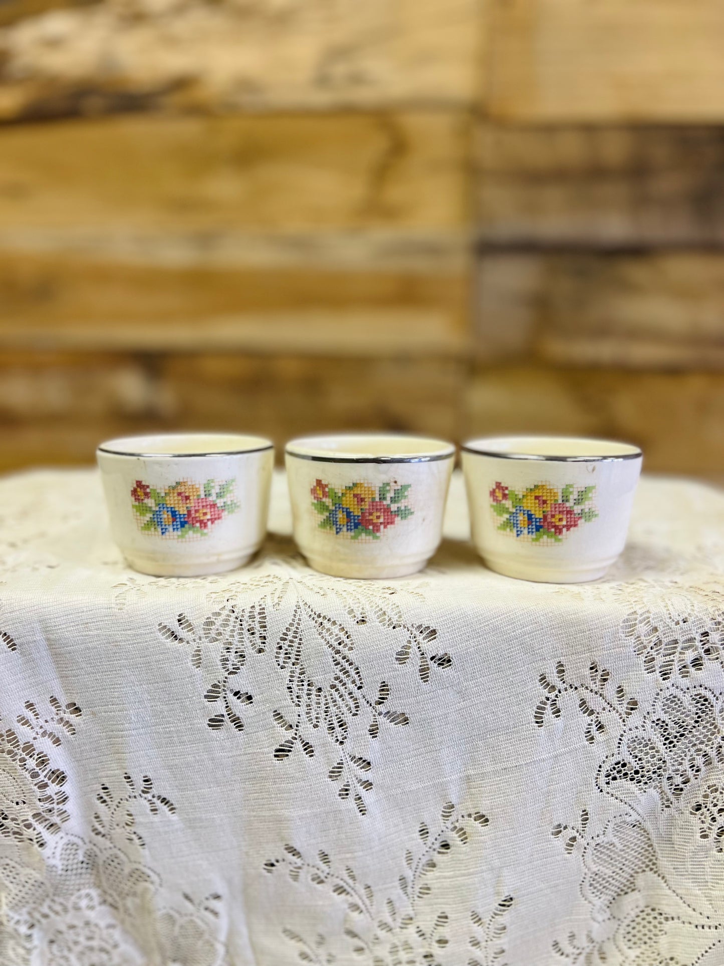 Vintage Harker Hotoven Petit Point Custard Cups - Set of 3