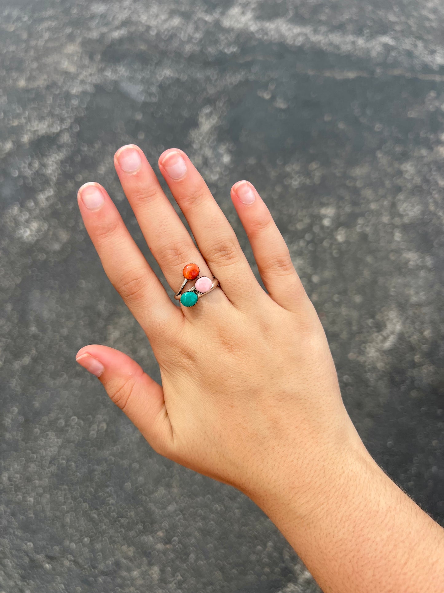 3 Stone Turquoise, Pink Conch, & Spiny Oyster Sterling Silver Ring