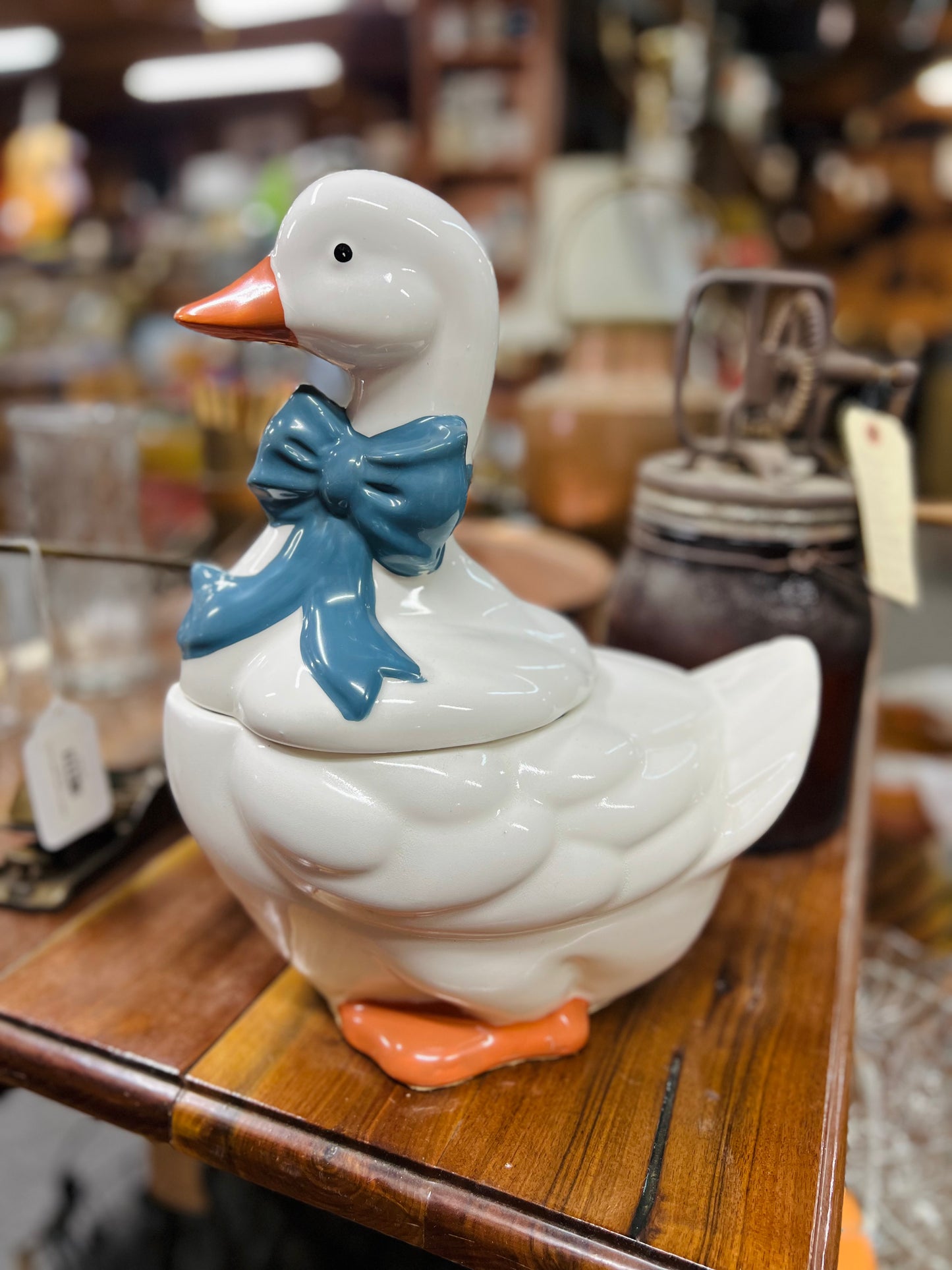 Vintage Goose Ceramic Cookie Jar with Blue Bow