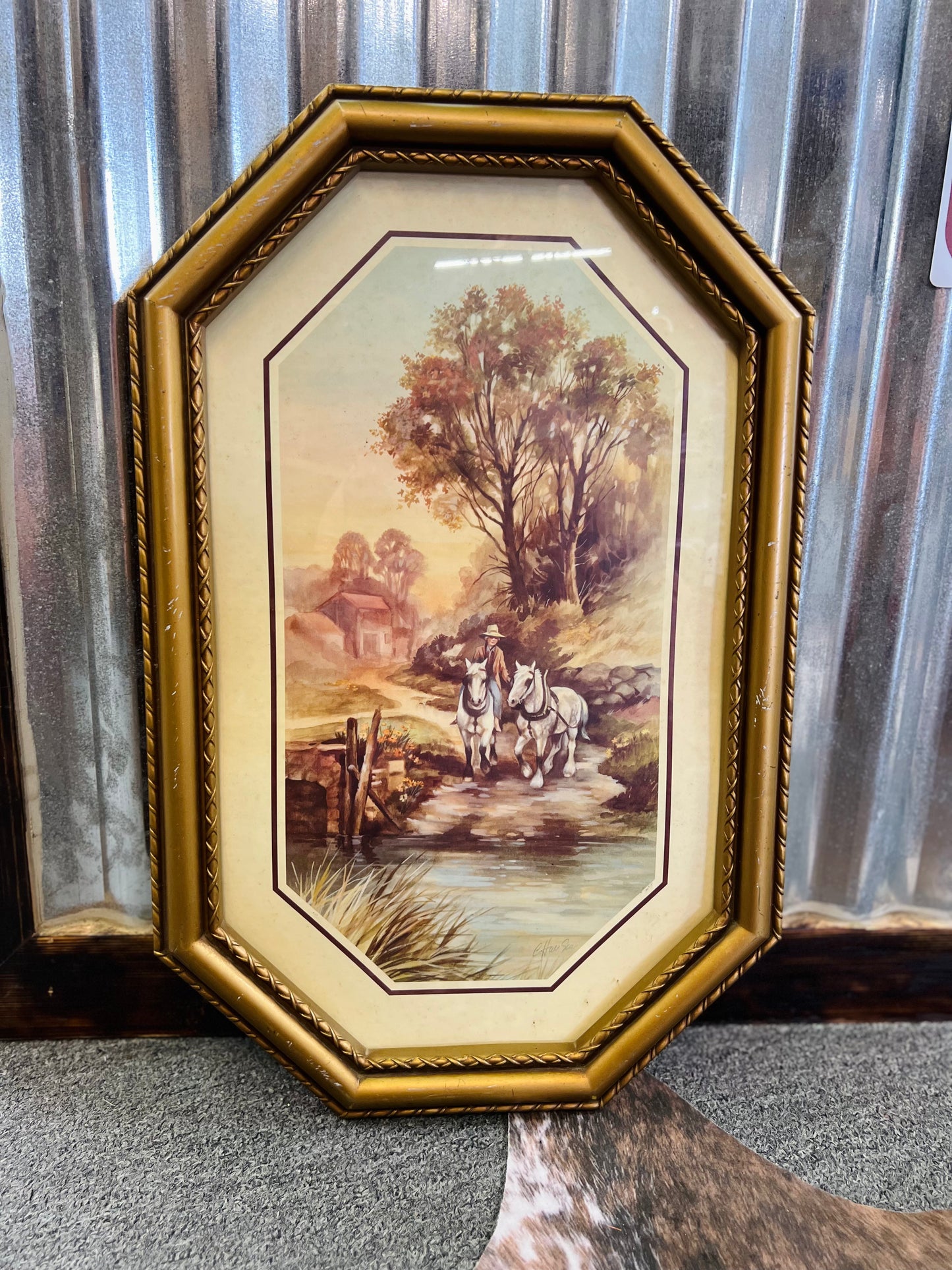 Vintage Home Interior Boy with Two Horses Going to Water Framed Picture