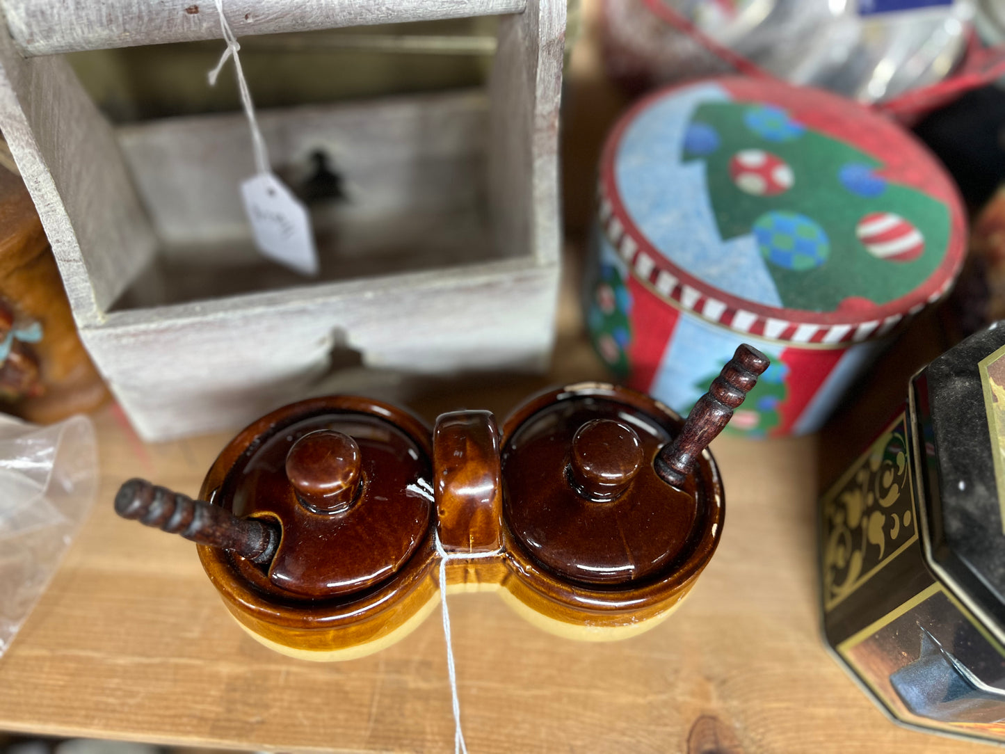 Brown Stoneware Double Condiment Container with Lids and two spoons