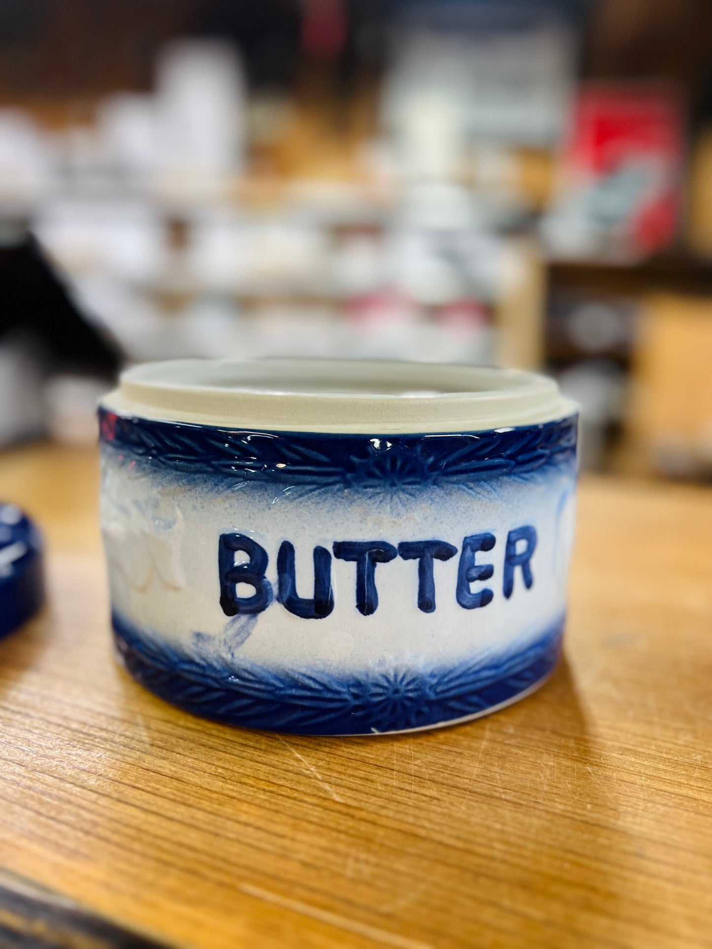 Salt Glaze Stoneware Butter Crock with Lid Blue and white