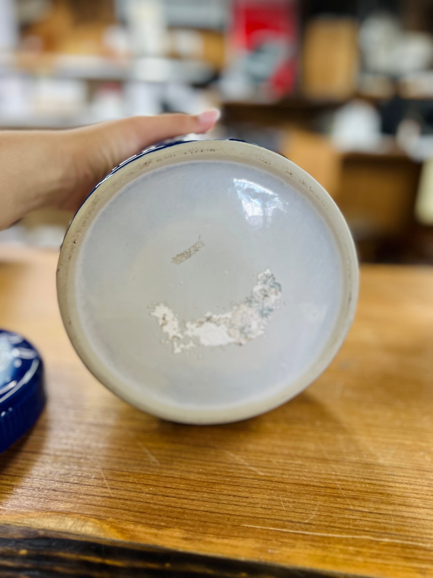 Salt Glaze Stoneware Butter Crock with Lid Blue and white