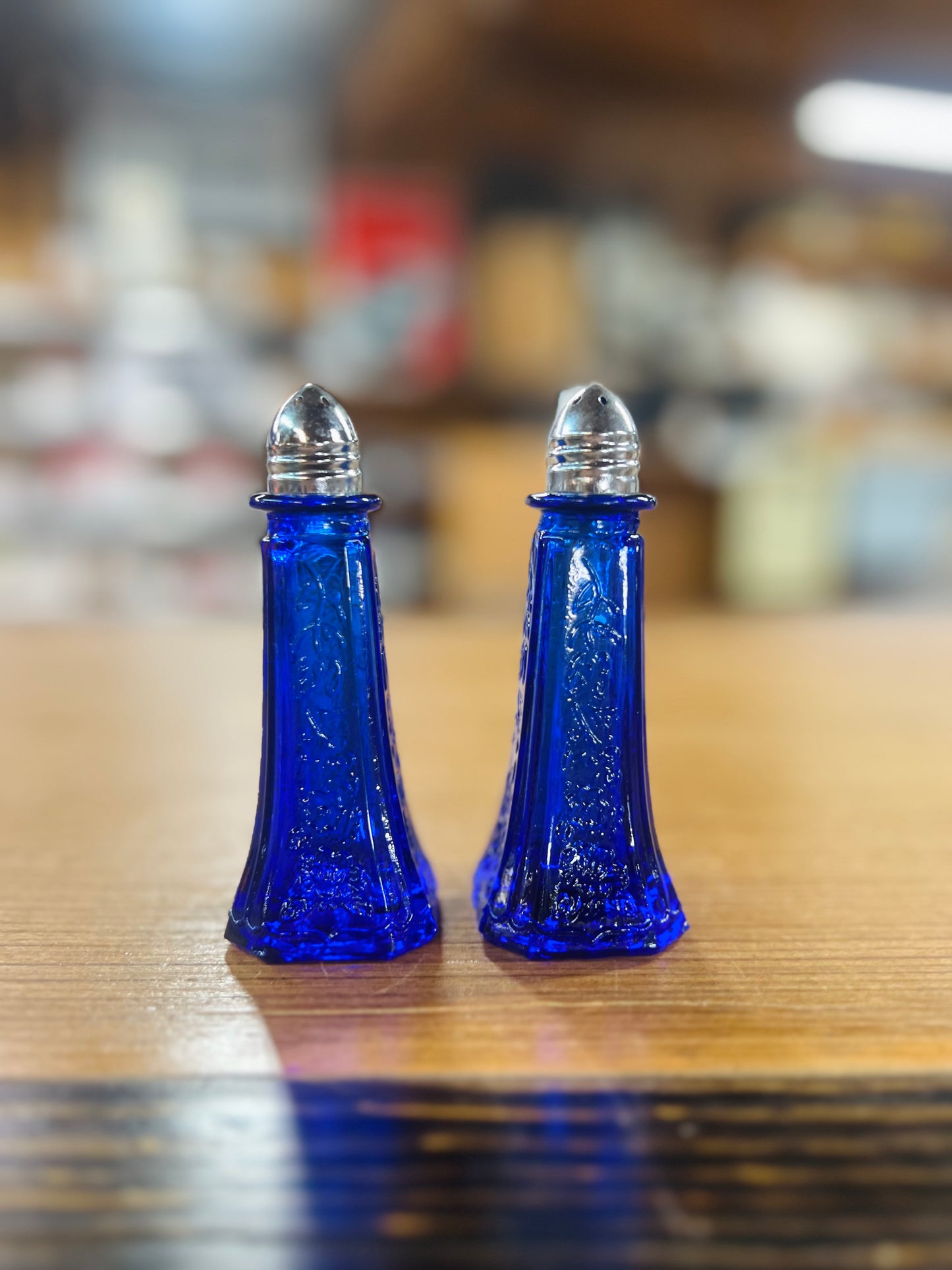 Vintage Cobalt Blue Depression Glass Salt and Pepper Shakers with Metal Tops
