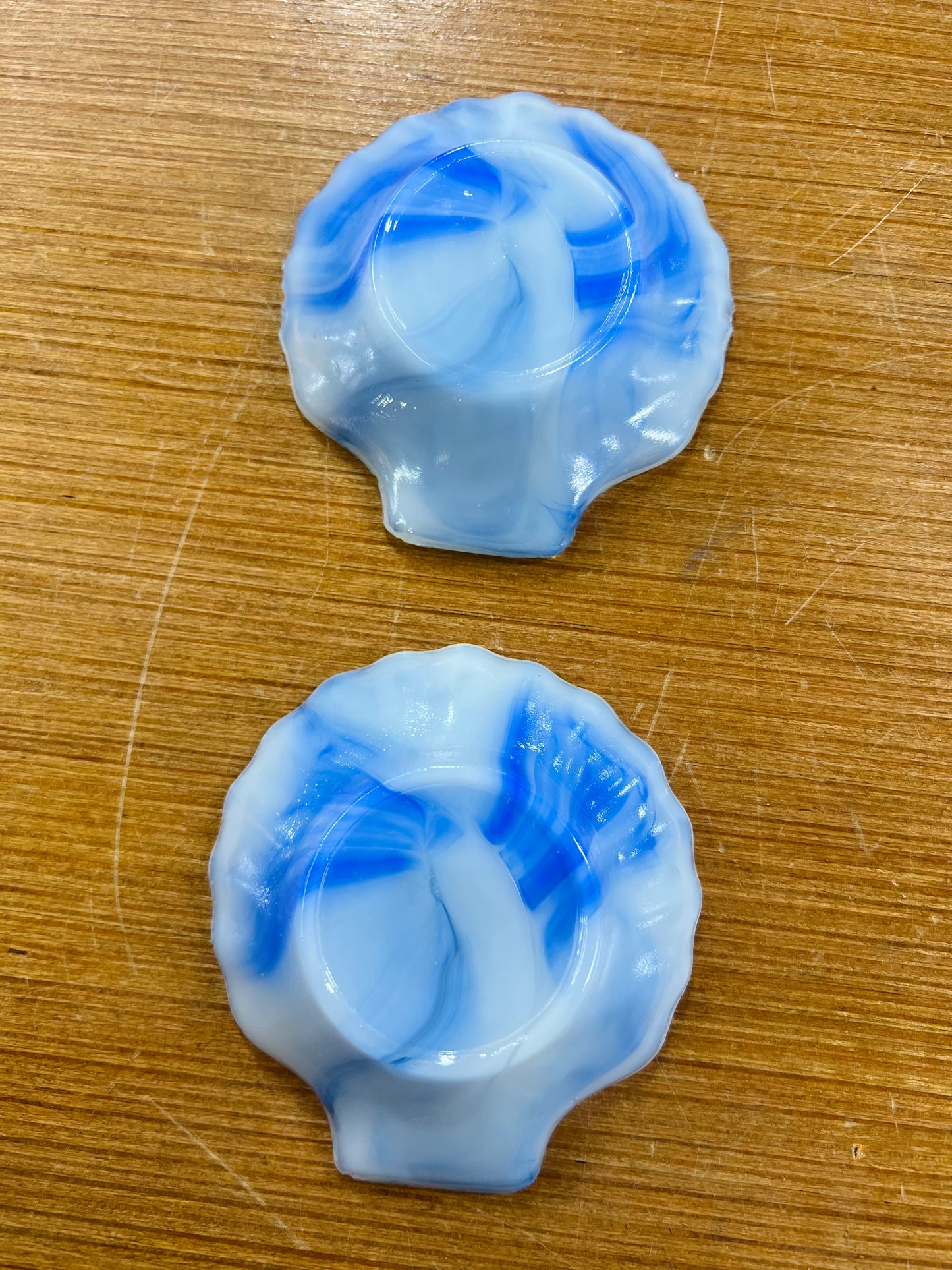Vintage Akro Agate Company Slag Glass Blue and White Swirl Shell Trinket Dish