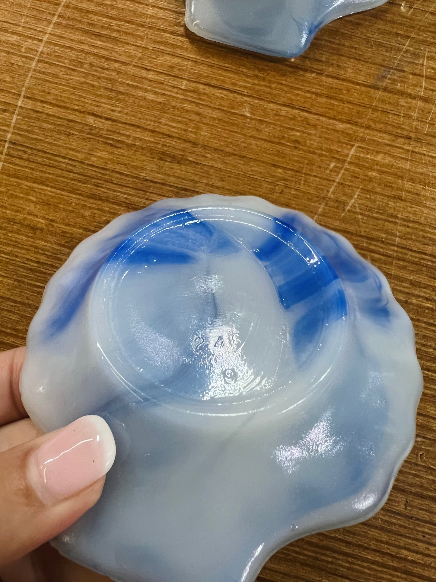 Vintage Akro Agate Company Slag Glass Blue and White Swirl Shell Trinket Dish