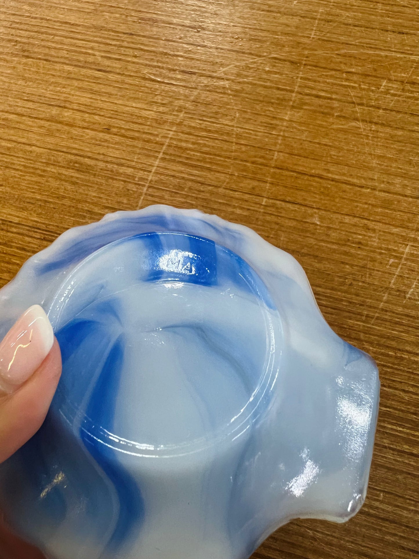 Vintage Akro Agate Company Slag Glass Blue and White Swirl Shell Trinket Dish