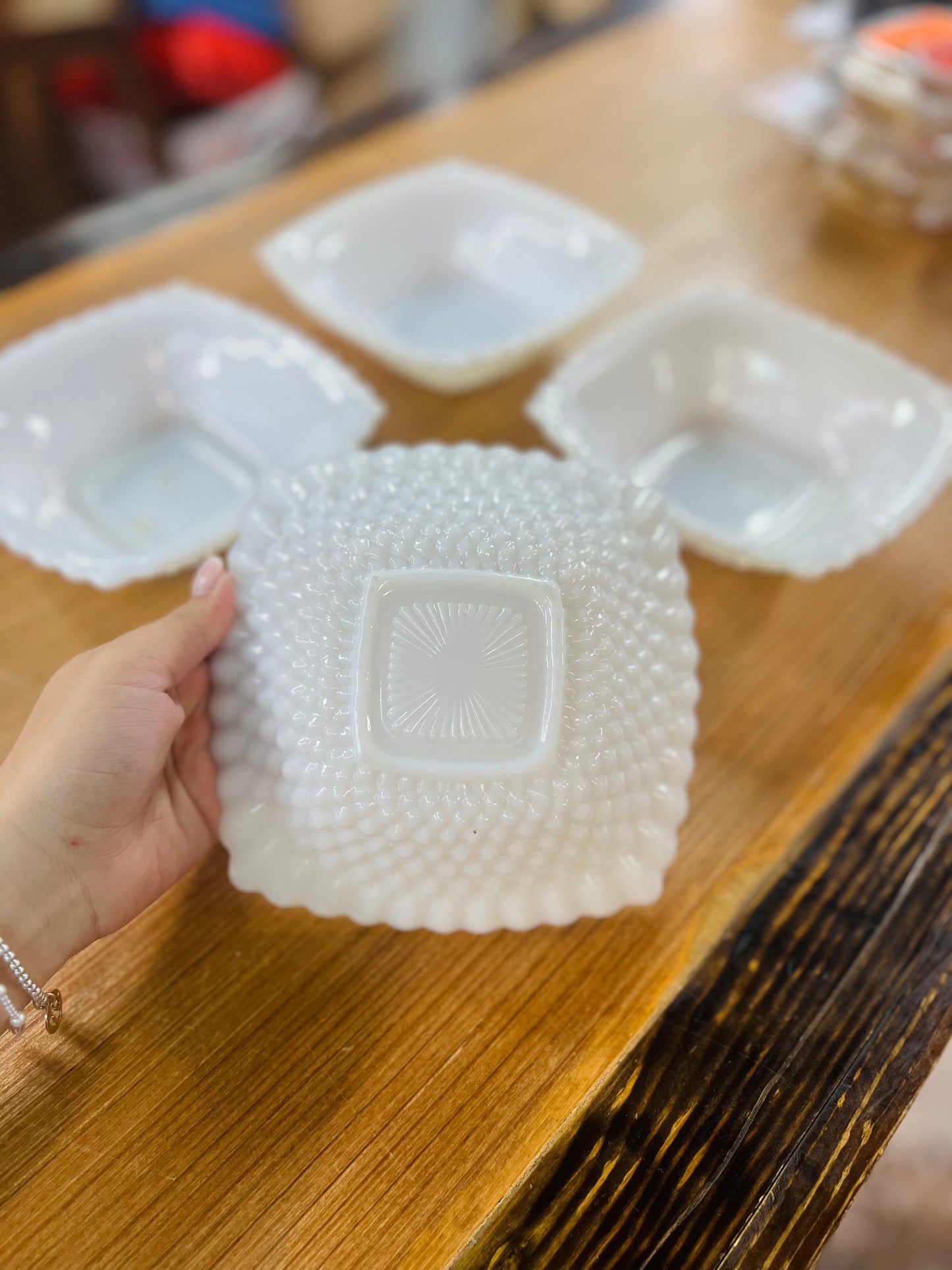 Vintage Anchor Hocking Early American Milk Glass Diamond Hobnail Square Bowl