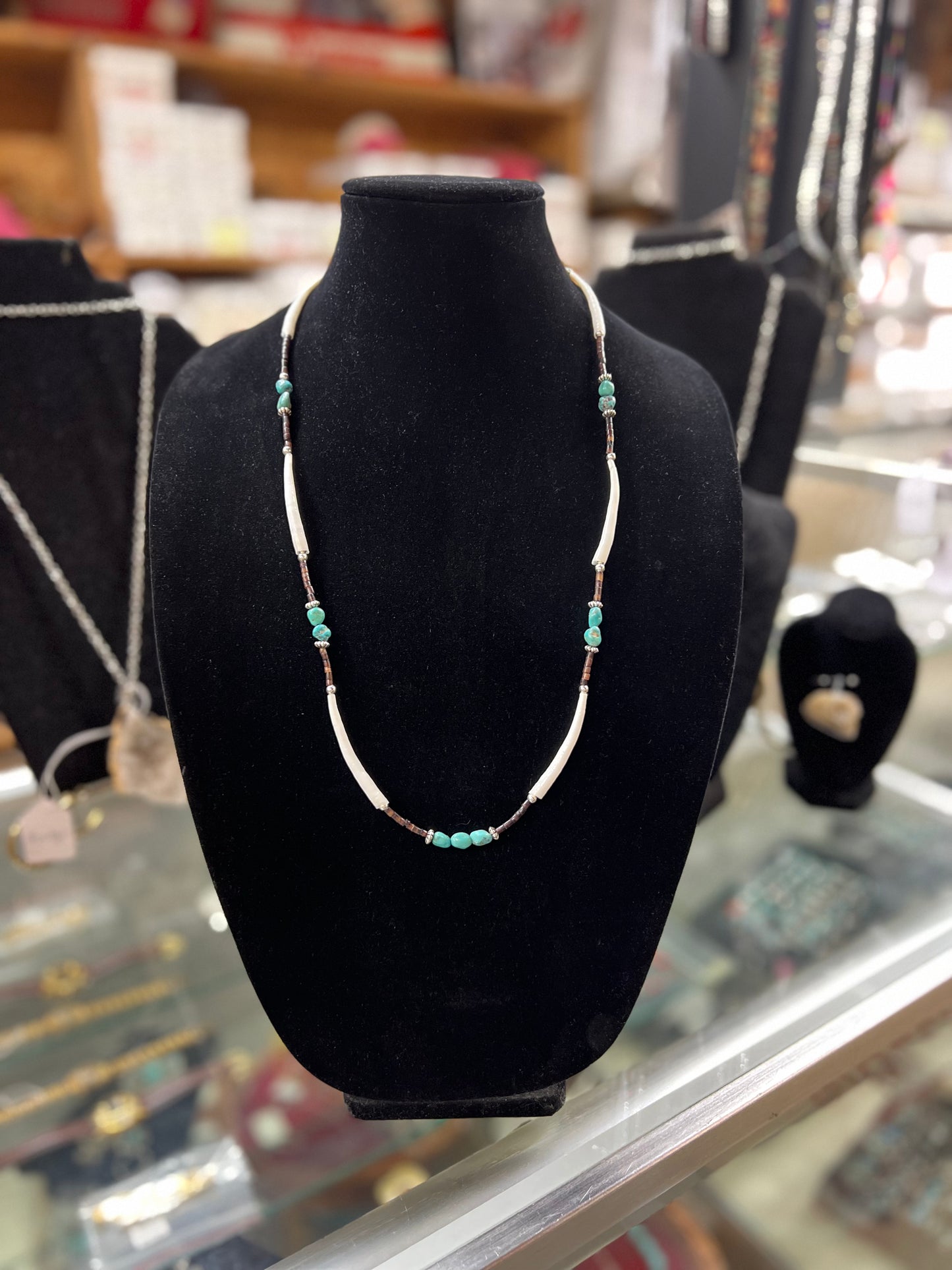Genuine Kingman Turquoise, Heishi, and Dentalium Shell Necklace