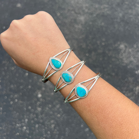 Genuine Kingman Turquoise Teardrop Sterling Silver Cuff Bracelet