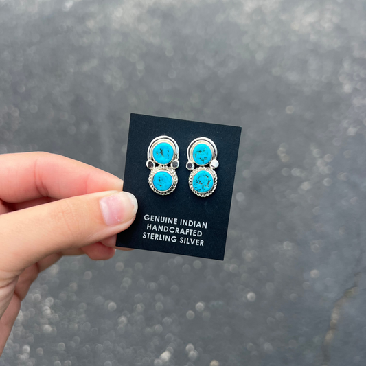 Double Trouble Genuine Kingman Turquoise Sterling Silver Studs
