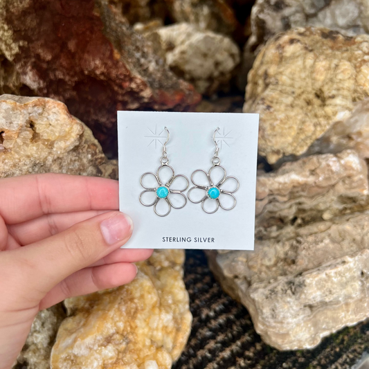 Genuine Kingman Turquoise Sterling Silver Flower Dangle Earrings