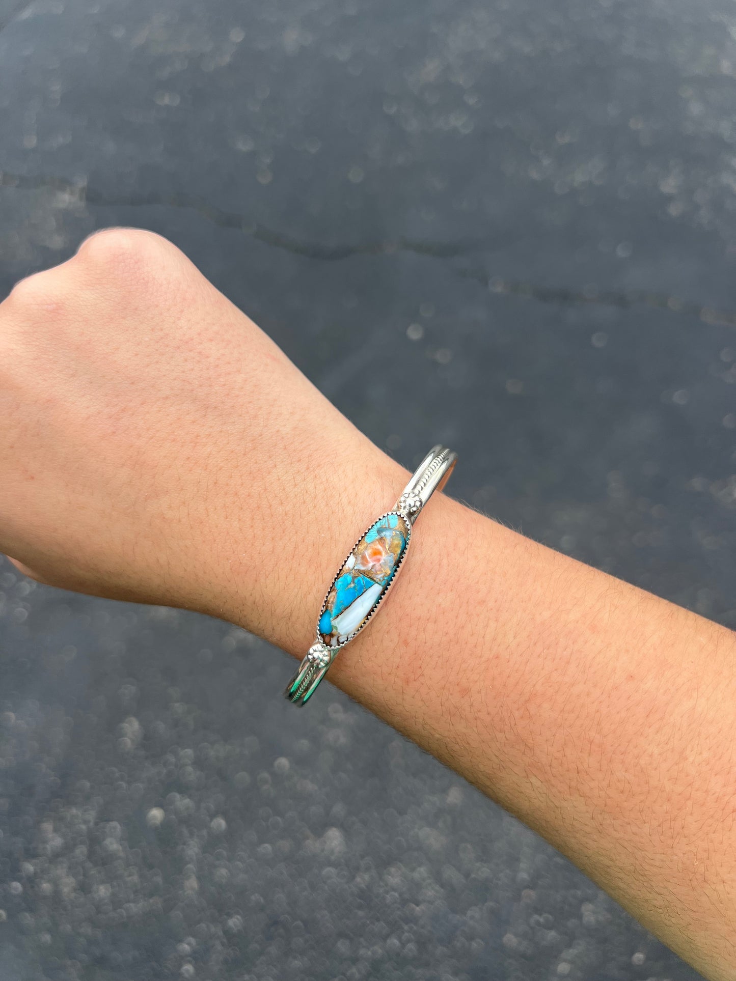 Spiny Oyster, Turquoise, and Bronze Sterling Silver Cuff Bracelet