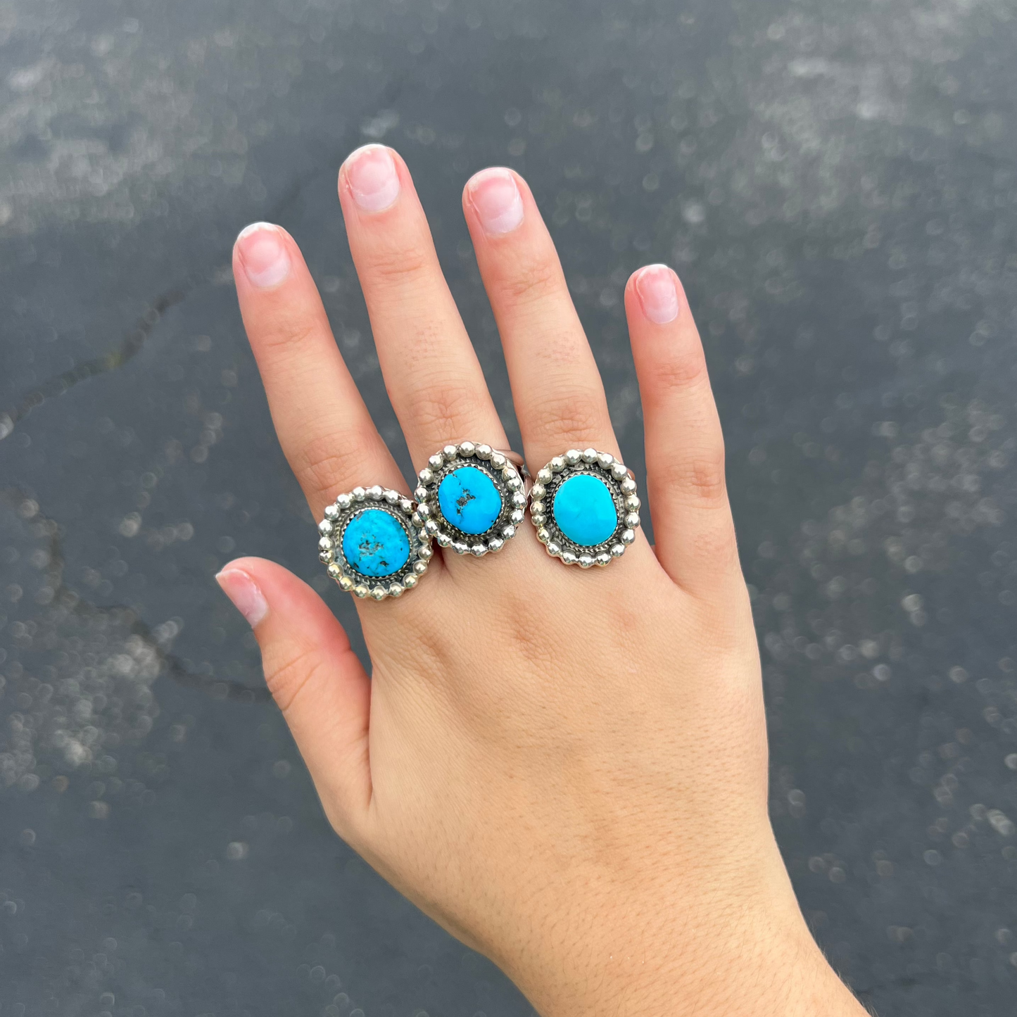 Genuine Kingman Turquoise Beaded Border Sterling Silver Ring