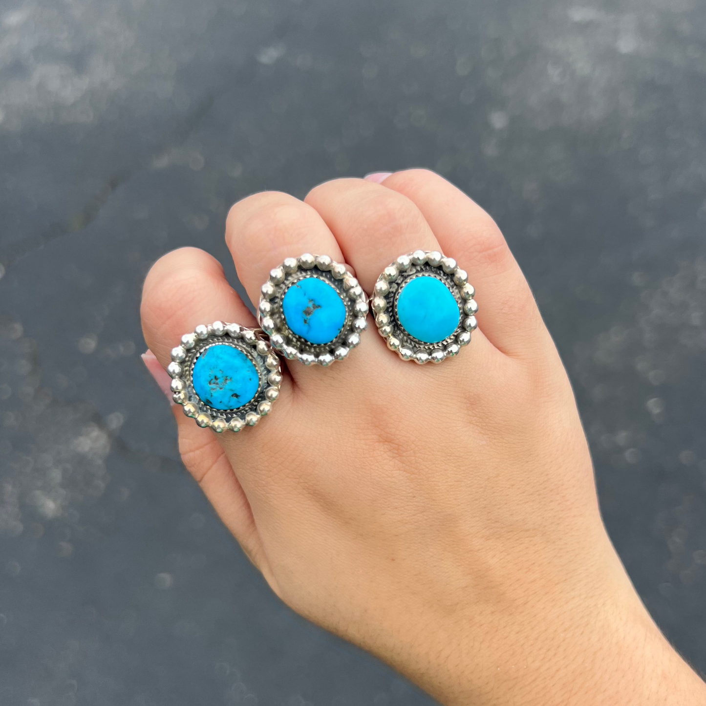 Genuine Kingman Turquoise Beaded Border Sterling Silver Ring