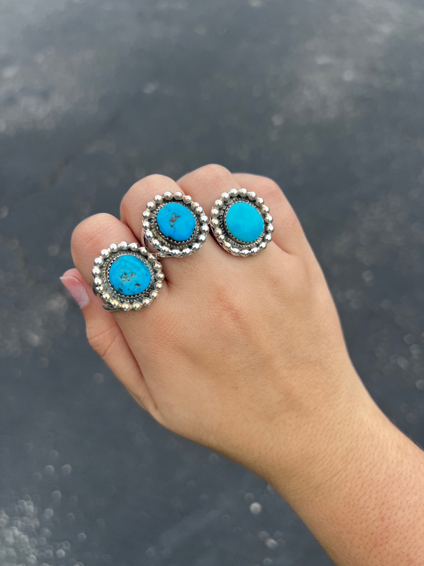 Genuine Kingman Turquoise Beaded Border Sterling Silver Ring