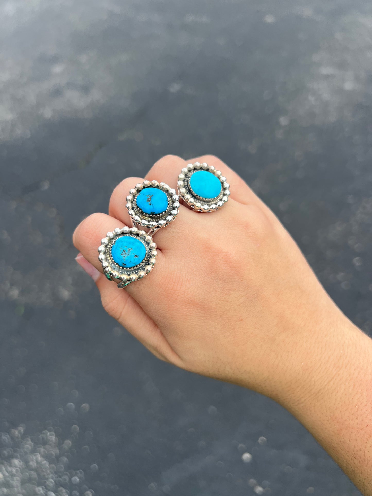 Genuine Kingman Turquoise Beaded Border Sterling Silver Ring