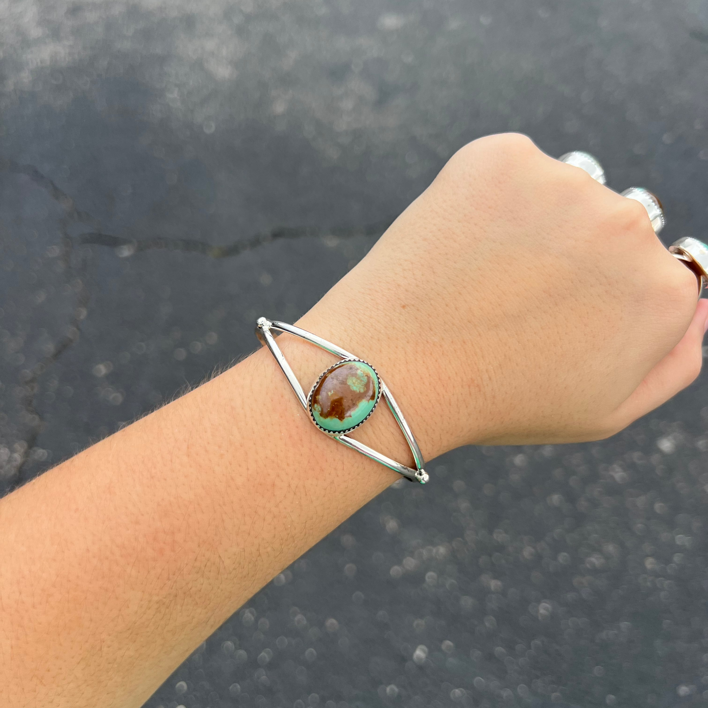 Genuine Green Turquoise Sterling Silver Oval Cuff Bracelet