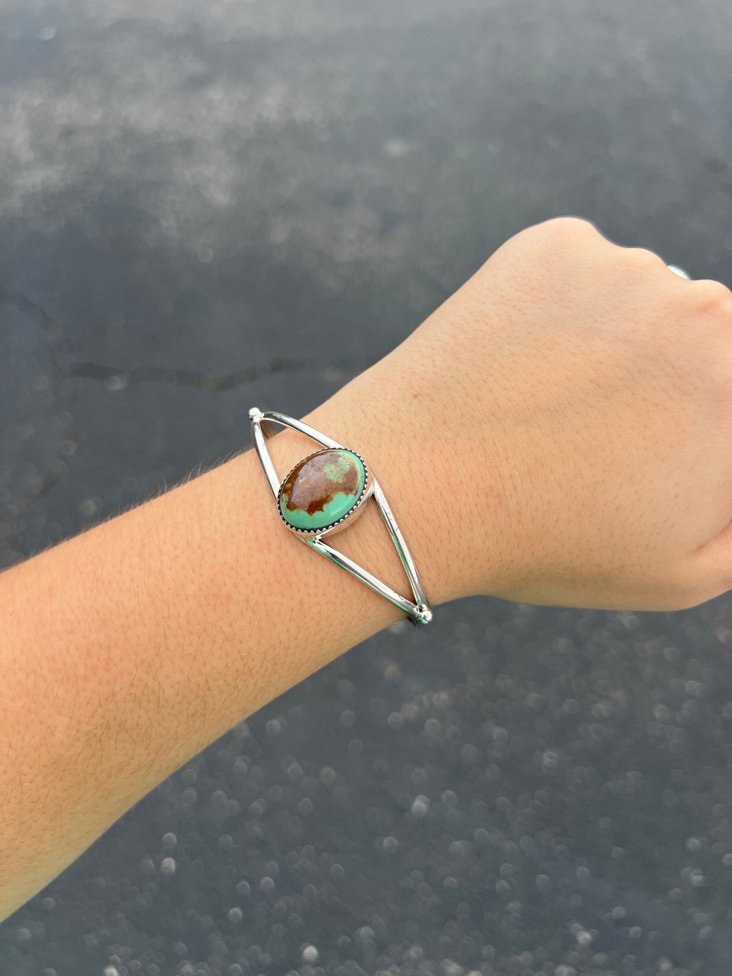 Genuine Green Turquoise Sterling Silver Oval Cuff Bracelet