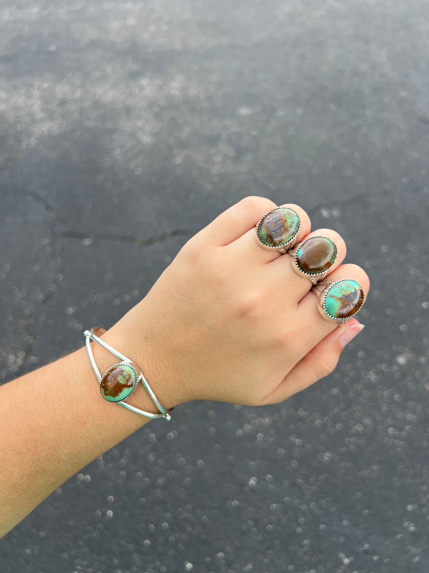Genuine Green Turquoise Sterling Silver Oval Cuff Bracelet